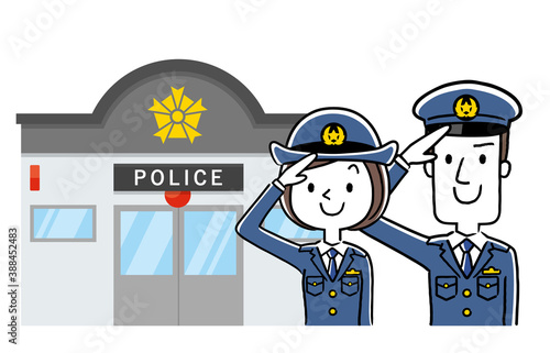 イラスト素材：交番に勤務する男性警察官と女性警察官