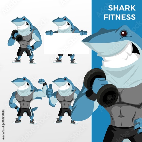 shark fitness mascot character set logo vector icon illustration