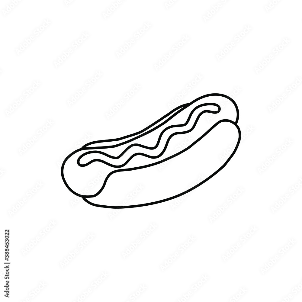 Outline Hot Dog icon, doodle, black and white illustration. Vector Stock illustration. Outline Hot Dog icon, doodle, black and white illustration. Vector Stock illustration.