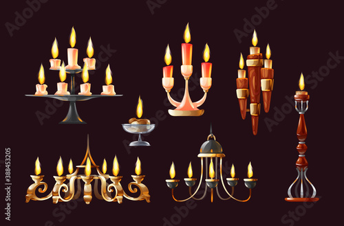 Realistic candles in candlesticks set. Retro vintage candle holders, chandelier and candelabrums with burning flames. Household and church items.