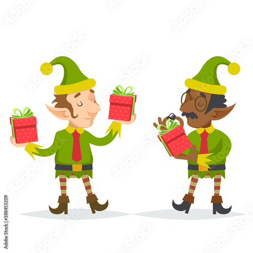 Gift box christmass character elf quality check process retro cartoon design vector illustration