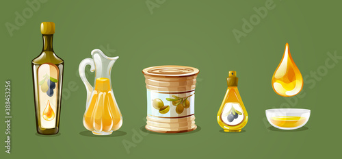 Organic olive products set. Olive oil in a glass decanter, bottle, cup, metal can. Drop of olive oil. Healthy organic products