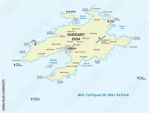 Vector map of the French island of Ouessant off the coast of Brittany, France