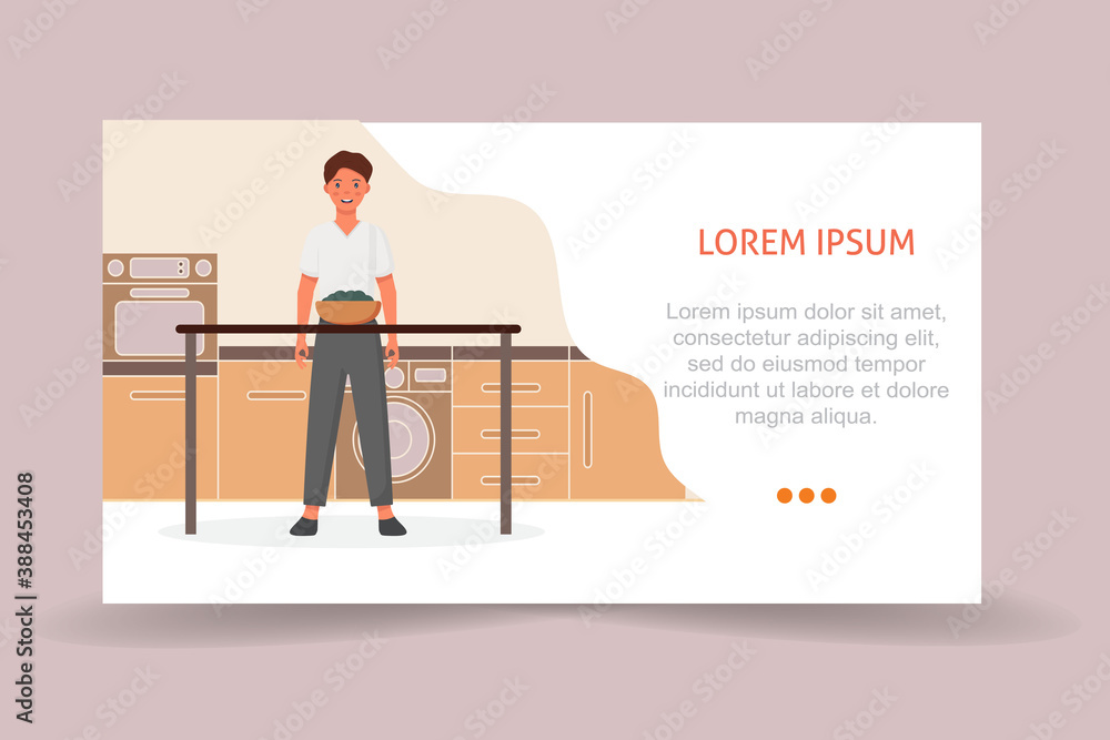 The boy prepares healthy food in the kitchen. A man cooking a salad. Flat vector illustration. The boy prepares healthy food in the kitchen. A man cooking a salad. Flat vector illustration.