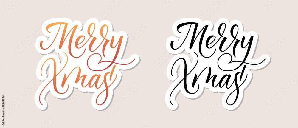 Stickers with handwritten modern brush calligraphy Merry Christmas isolated on gray background. Vector illustration.