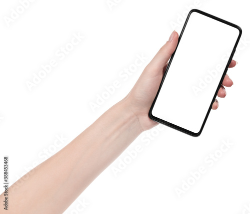 Woman hand holding the black new smartphone with blank screen isolated white background. hands using phone clipping path