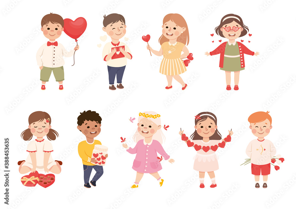 Cute Happy Children with Romance Feelings Symbols Set, Adorable Kids with Hearts, Happy Valentines Day Concept Cartoon Vector Illustration Cute Happy Children with Romance Feelings Symbols Set, Adorable Kids with Hearts, Happy Valentines Day Concept Cartoon Vector Illustration
