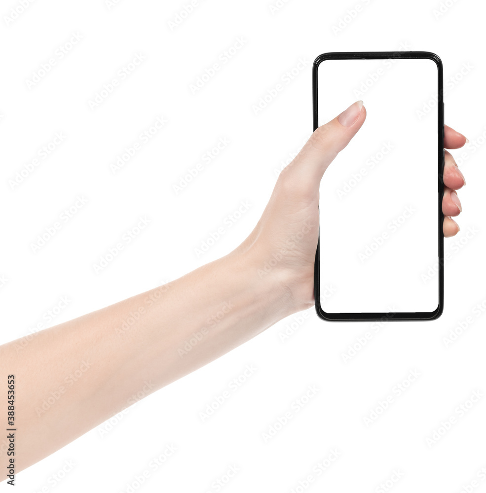 Woman hand holding the black new smartphone with blank screen isolated white background. hands using phone clipping path Woman hand holding the black new smartphone with blank screen isolated white background. hands using phone clipping path