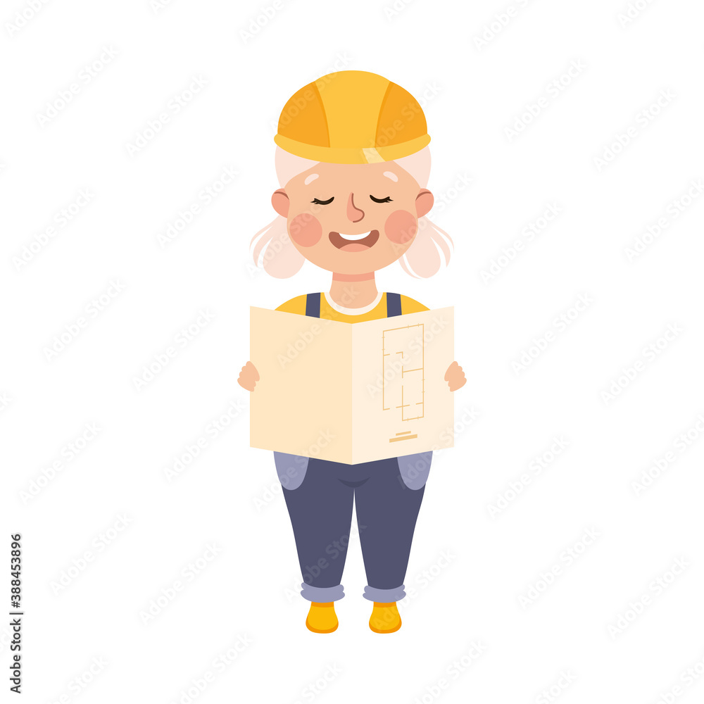 Cute Builder Holding Architectural Plan, Little Girl in Hard Hat and Blue Overalls with Construction Tools Cartoon Style Vector Illustration Cute Builder Holding Architectural Plan, Little Girl in Hard Hat and Blue Overalls with Construction Tools Cartoon Style Vector Illustration