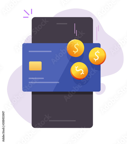 Money reward bonus, cashback income on debit bank card digital wallet on mobile phone app vector flat cartoon, cash back redeem idea on smartphone cellphone