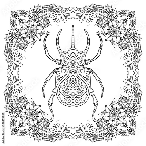 Stylized with henna tattoo decorative pattern for decorating covers book, notebook, casket, postcard and folder. Flower beetle and border in mehndi style. Frame in the eastern tradition.