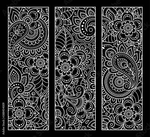 Printable bookmark for book - coloring. Set of black and white labels with flower patterns, hand draw in mehndi style. Sketch of ornaments for creativity of children and adults with colored pencils.