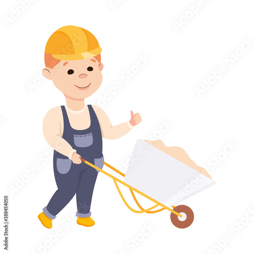 Cute Builder Pushing Wheelbarrow Full of Sand, Little Boy in Hard Hat and Blue Overalls with Construction Tools Cartoon Style Vector Illustration