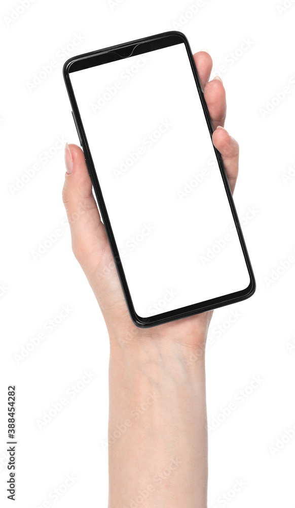 Woman hand holding the black new smartphone with blank screen isolated white background. hands using phone clipping path Woman hand holding the black new smartphone with blank screen isolated white background. hands using phone clipping path