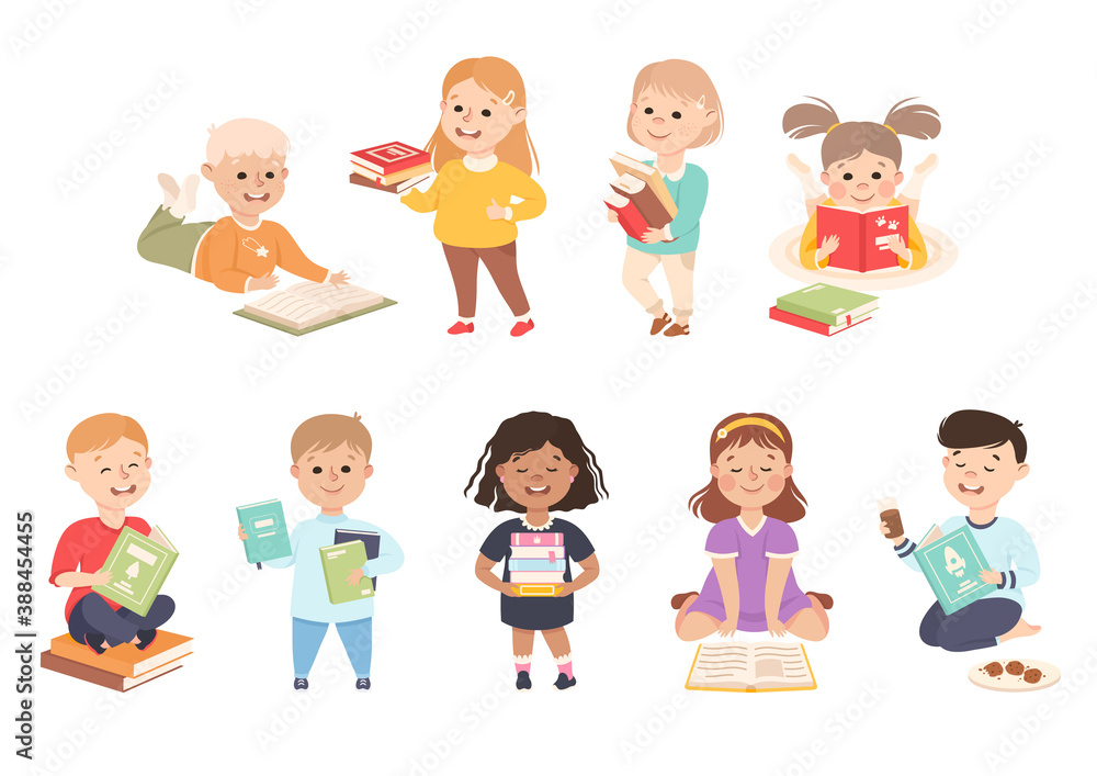 Happy Little Children Reading Books Set, Preschool Boys and Girls Loving Literature, Kids Education Concept Cartoon Style Vector Illustration Happy Little Children Reading Books Set, Preschool Boys and Girls Loving Literature, Kids Education Concept Cartoon Style Vector Illustration