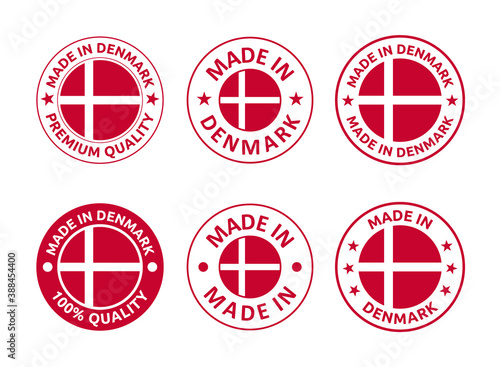 made in Denmark labels set, made in Kingdom of Denmark product emblem