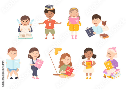 Little Children Reading Books Set, Preschool Boys and Girls Enjoying Literature, Kids Education Concept Cartoon Style Vector Illustration