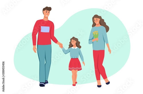 Family in spring clothes. Dad, mom and daughter walking in the Park.A character isolated on a white background. Flat cartoon vector illustration.