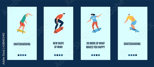 Young people ride a skateboard mobile app template. Concept of a hobby, skateboarding Park, or sport. Flat vector illustration.