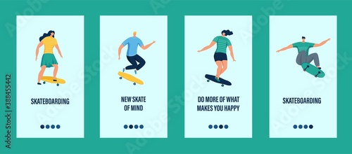 Young people ride a skateboard mobile app template. Concept of a hobby, skateboarding Park, or sport. Flat vector illustration.