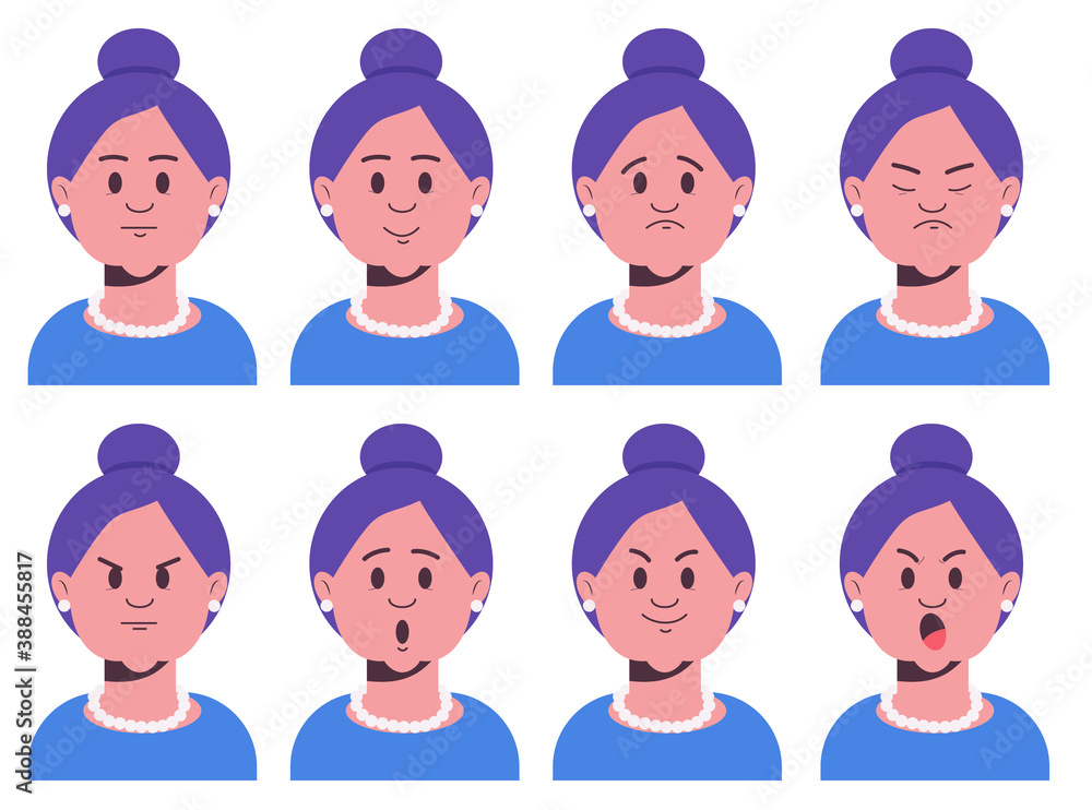 Face expressions of grandmother. Set of old female emotional characters. Avatars with neutral, surprise, joy, shock, sad and anger emotions. Cartoon style vector illustration isolated on white Face expressions of grandmother. Set of old female emotional characters. Avatars with neutral, surprise, joy, shock, sad and anger emotions. Cartoon style vector illustration isolated on white