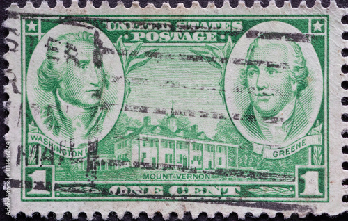 USA - Circa 1936: a postage stamp printed in the US showing the portraits of Washington and Greene, Mt Vernon. Army and Navy: