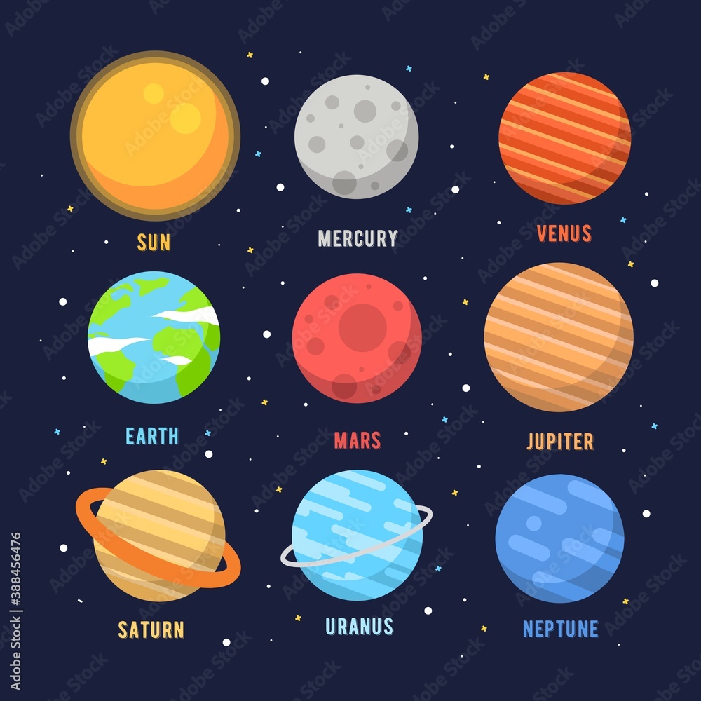Vector Planet icon set of solar system planets on dark space background. mercury, venus, earth, mars, jupiter, saturn, uranus, neptune, moon, stars and sun.