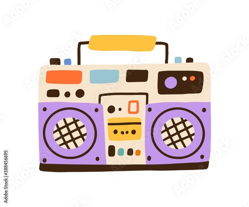 Colorful hiphop boombox isolated on white background. Retro cassette player, music recorder. Party stereo system of 80s and 90s. Vector illustration in flat cartoon style