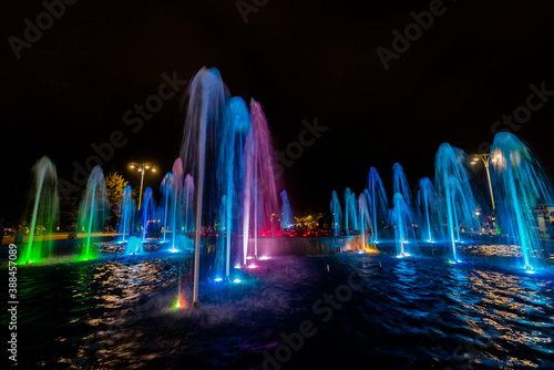 Colorful fountain at night.