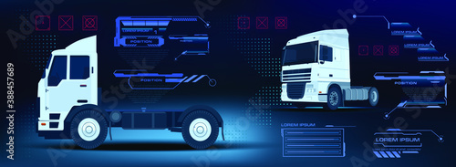 Truck with settings and options for a HUD style user interface. Automotive interface. Autonomous truck control system. Truck without trailer with electronic control system