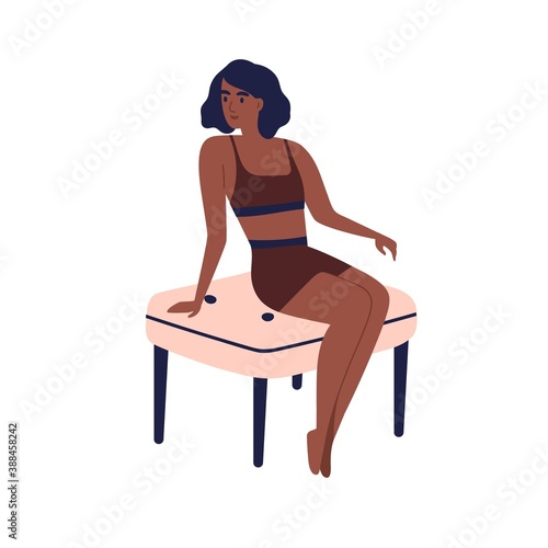 Young dark skin african american woman in sport underwear sitting on chair. Stylish slim girl model in brown beachwear posing. Flat vector cartoon illustration isolated on white background