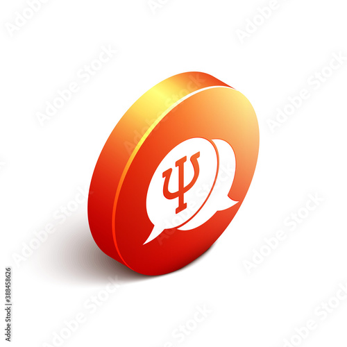 Isometric Psychology icon isolated on white background. Psi symbol. Mental health concept, psychoanalysis analysis and psychotherapy. Orange circle button. Vector.