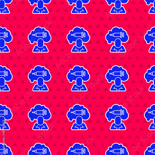 Blue Addiction to the drug icon isolated seamless pattern on red background. Heroin, narcotic, addiction, illegal. Sick junkie with a syringe and medical pills. Vector.