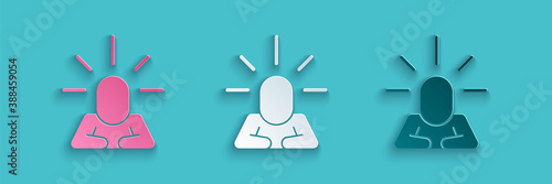 Paper cut Depression and frustration icon isolated on blue background. Man in depressive state of mind. Mental health problems. Paper art style. Vector.