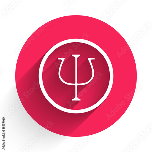 White Psychology icon isolated with long shadow. Psi symbol. Mental health concept, psychoanalysis analysis and psychotherapy. Red circle button. Vector.