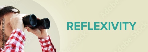 Reflexivity. Man observing with binoculars. Turquoise Text/word on beige background. Panorama photo