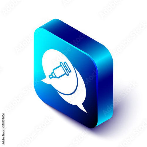 Isometric Addiction to the drug icon isolated on white background. Heroin, narcotic, addiction, illegal. Sick junkie with a syringe and medical pills. Blue square button. Vector.