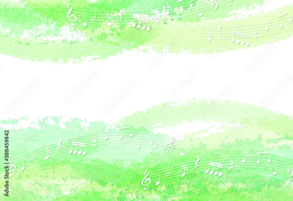 Fototapeta premium 音符と新緑 水彩タッチの背景 