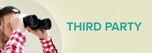 Third Party. Man observing with binoculars. Turquoise Text/word on beige background. Panorama photo