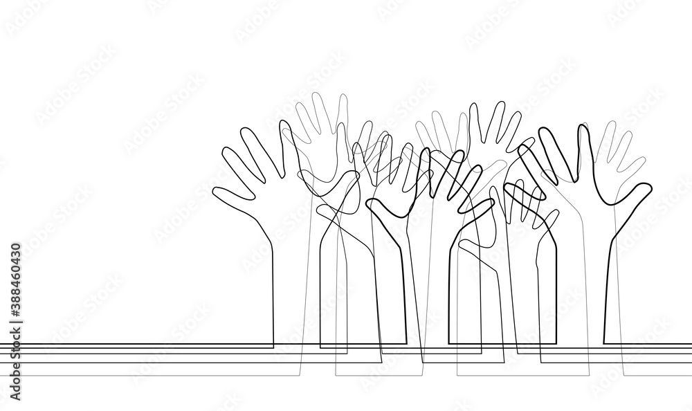 Outstretched arms up. Contour illustration of various hands. Society and community of different people. Democratic voting. Vector outline template for banners, cards and your design. Outstretched arms up. Contour illustration of various hands. Society and community of different people. Democratic voting. Vector outline template for banners, cards and your design.