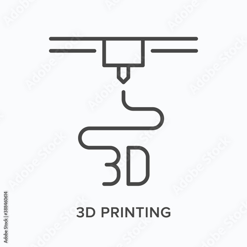 3D printer flat line icon. Vector outline illustration of prototype printing. Plastic manufacturing thin linear logo