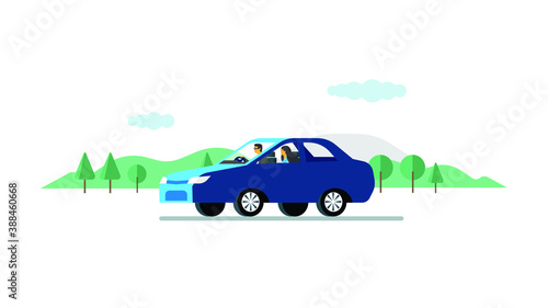 office couples drives Hybrid car in nature during vacation