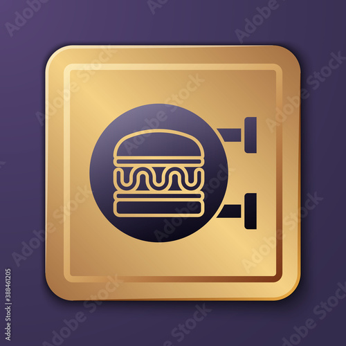 Purple Online ordering and burger delivery icon isolated on purple background. Gold square button. Vector.