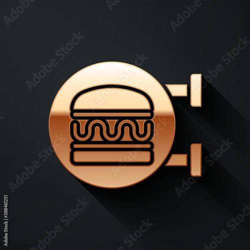 Gold Online ordering and burger delivery icon isolated on black background. Long shadow style. Vector.