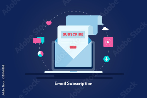 Email subscription message on laptop screen, newsletter marketing, open business email concept. Web banner template.