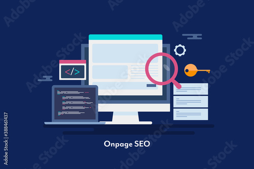 Onpage seo optimization, seo coding and development, seo meta data programming concept. Web banner template.