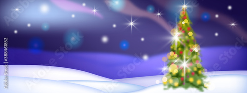 Christmas winter landscape with snowdrifts, defocused decorated x-mas tree, night sky. X-mas holiday north background with bokeh lights, stars, aurora borealis. Minimal winter horizontal landscape