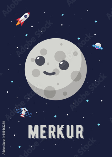The Merkur Planet Cute Design, Illustration vector graphic of the of the mercury planets in cute cartoon style. Space kids.