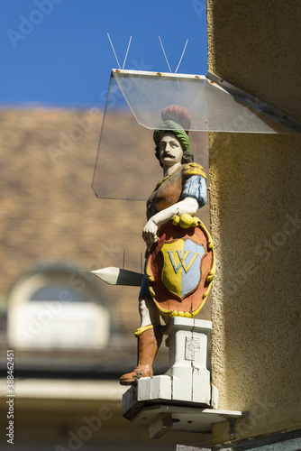 statue of a warrior on the corner of a house in Vevey, Switzerland
