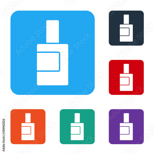 White Plastic bottle for laundry detergent, bleach, dishwashing liquid or another cleaning agent icon isolated on white background. Set icons in color square buttons. Vector.